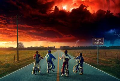 Tv series, Children, Clouds, Bicycle, Stranger Things, Netflix